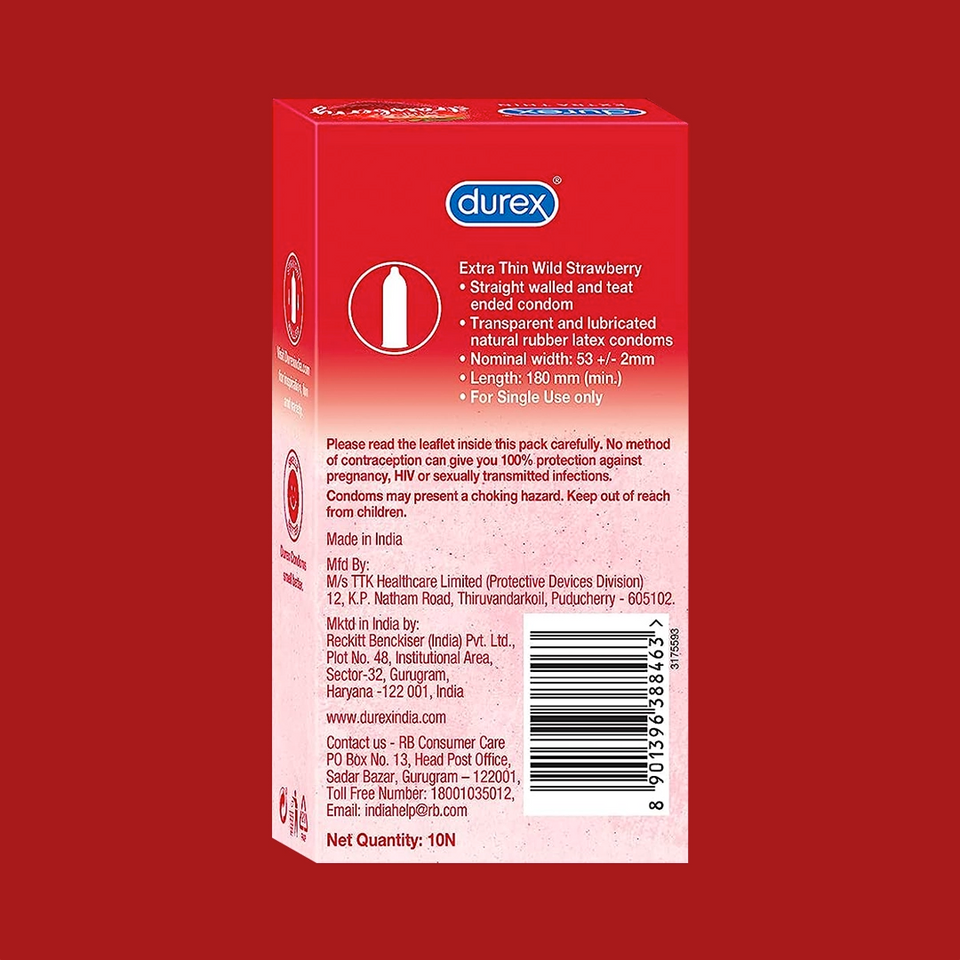 Durex Extra Thin Wild Strawberry Flavoured - 12 Condoms, (1 Pack of 12s)