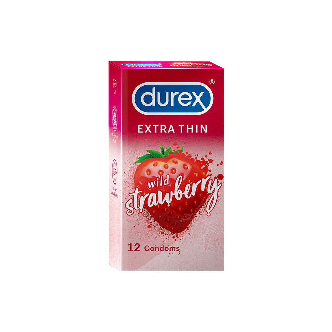 Durex Extra Thin Wild Strawberry Flavoured - 12 Condoms, (1 Pack of 12s)